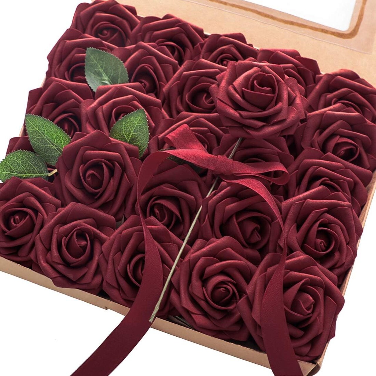Artificial Flowers 25pcs Real Looking Burgundy Foam Fake Roses